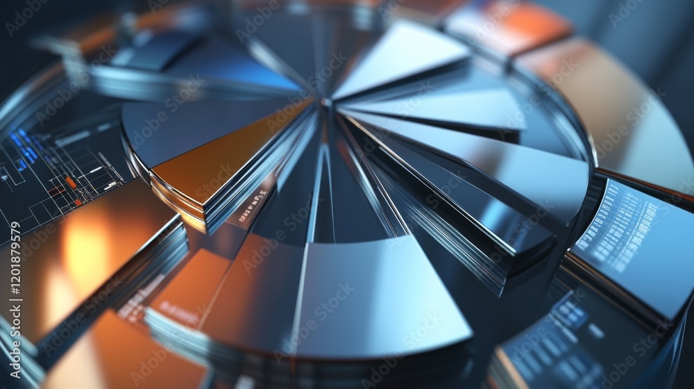 Fototapete a top-down view of a d pie chart representing different financial sectors, with shiny, metallic segm