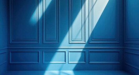 Fototapeta premium Elegant Blue Wall Interior with Geometric Patterns and Soft Shadows, Perfect for Background, Presentation, or Creative Design Projects