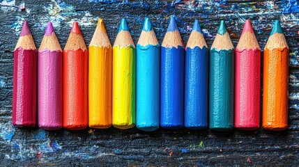 Colorful Pencils Arranged In A Row On Dark Background