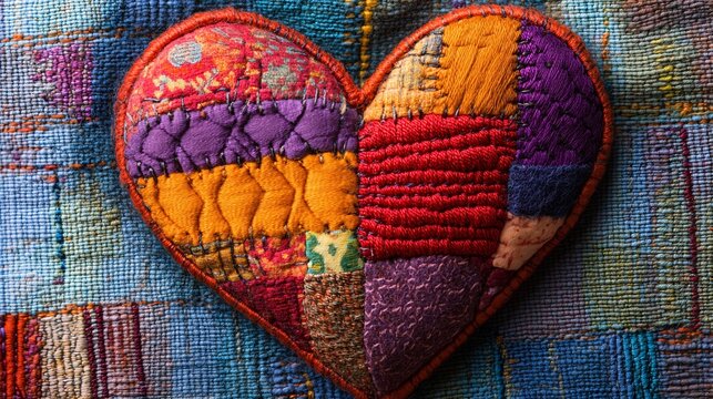 A patchwork heart with bold, colorful stitched patterns