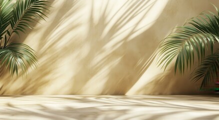 Elegant Indoor Space Showcasing Tropical Plants with Subtle Shadows on a Soft Beige Wall, Ideal for Home Decor or Wellness Content