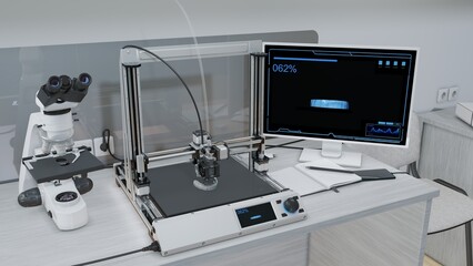 The illustrated a 3D printer at work, creating a jaw with teeth. The precision and innovation of modern 3D printing technology of dentistry. 3d illustration
