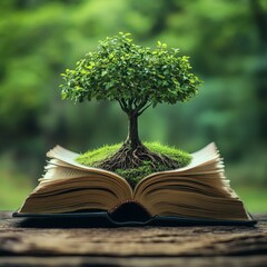 A vibrant tree emerging from a book, symbolizing the growth of knowledge and the power of education. Perfect for academic and inspirational content.