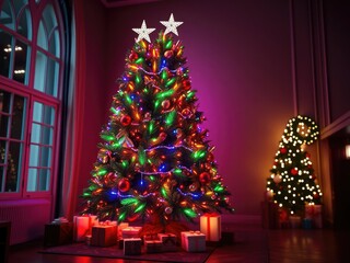 Fototapeta premium A vibrant Christmas tree with multicolored lights and a festive holiday atmosphere in a well-lit room, holiday cheer, well-lit room