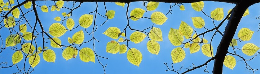 Obraz premium Yellow leaves against blue sky, autumn, nature, background