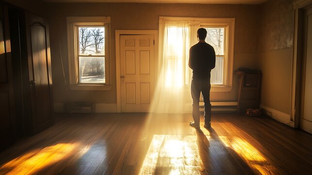 An adult standing in a dimly lit room with light streaming in from a doorway symbolizing a moment of clarity
