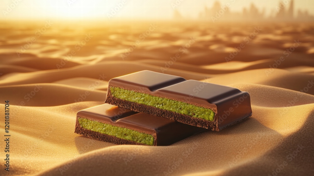 Poster chocolate bar filled with smooth pistachio paste nestled in sandy desert landscape at sunset. genera