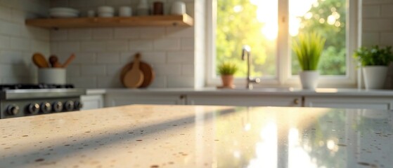 Fototapeta premium Sunlight Drenched Stone Countertop, Modern Kitchen View