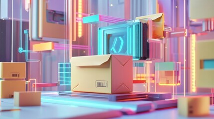 Online parcel tracking flat design side view futuristic technology animation colored pastel