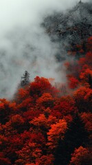Fototapeta premium Misty autumn mountain forest; vibrant red foliage; scenic landscape; nature wallpaper
