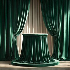 Regal round podium draped in deep emerald green velvet, soft flowing curtains, refined atmosphere.

