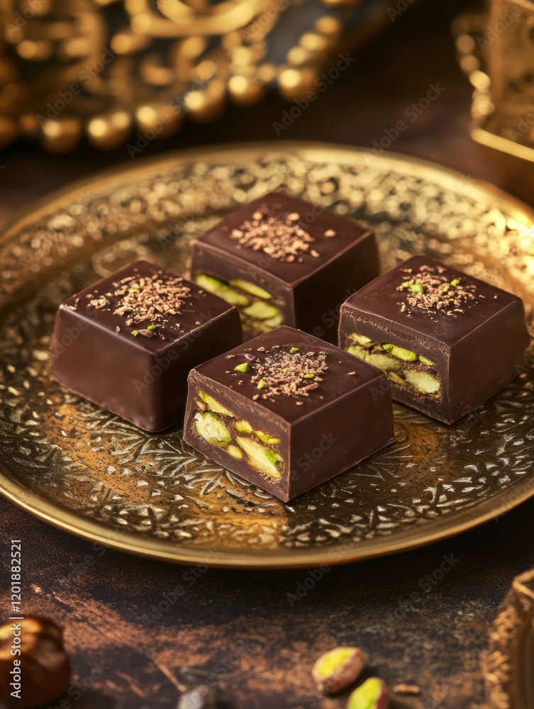 Poster savory chocolate squares filled with pistachio on an ornate golden plate with intricate arabic patte