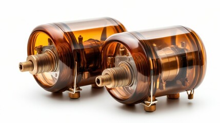 A pair of transparent copper components reveals intricate internal details and mechanisms, offering a glimpse into complex engineering on a clean white background.