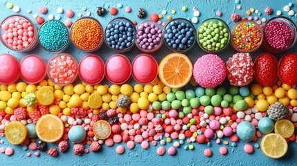 Fototapeta premium Colorful Candy Assortment Arranged Beautifully on Blue Background