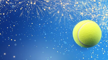 Tennis Ball Celebration with Fireworks on a Blue Sparkling Background Nighttime Theme