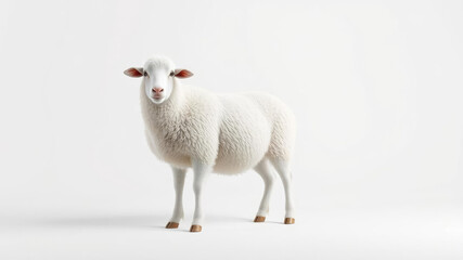 Fototapeta premium A white sheep standing alone against a crisp white backdrop with gentle lighting, quiet contemplation, minimalist art, solitary figure