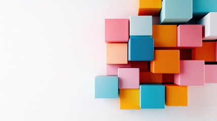 A vibrant composition of colorful 3D cubes is dynamically arranged on a clean white backdrop, creating an engaging visual display of geometric abstraction.