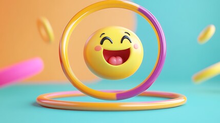 Playful emoji spinning a hula hoop isolated on a colorful background