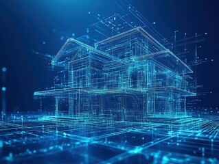 Futuristic Architectural Design in Digital Blueprint with Geometric Structures and Circuit Patterns Representing Innovation in Construction Industry