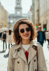 Obraz premium Young woman with curly hair wears sunglasses and a beret in a busy urban street during daylight