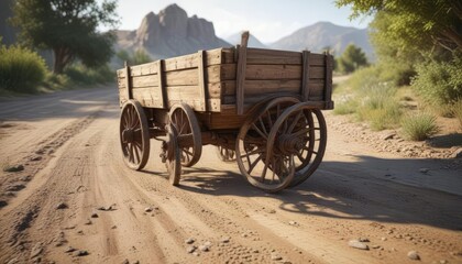 Obraz premium A wooden wagon with a wooden wheel on a dirt road , dirt road, rural path, countryside