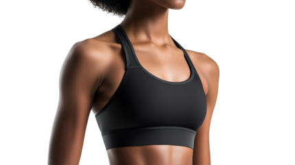 A strong athletic woman in a stylish black sports bra, showcasing her dedication to fitness and health. Perfect for promoting sports and wellness.