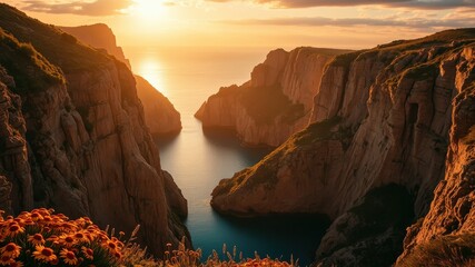 Golden Hour Embraces Rugged Cliffs and Azure Waters, A Serene Landscape Unveiled