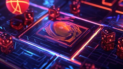Vibrant electronic gaming platform showcasing dice, basketball, and dynamic graphics in neon colors. Generative AI