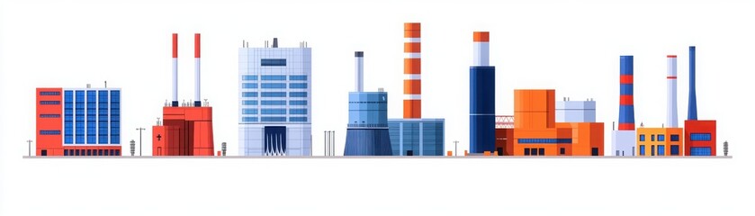 A colorful illustration of various industrial buildings and factories, showcasing modern architecture and manufacturing processes.