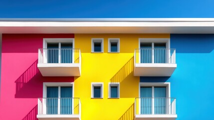 A visually striking apartment building facade, featuring sections of pink, blue, and yellow colors and contrasting white balconies under a bright, clear sky.