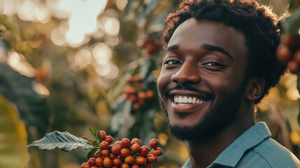 Smiling coffee farmer with fresh coffee cherries at plantation
