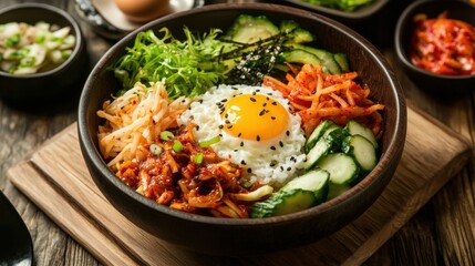 Image of rice and Korean bibimbap with vegetables and egg in a traditional Korean bowl, emphasizing vibrant and balanced qualities. Ideal for Korean cuisine and healthy meals.