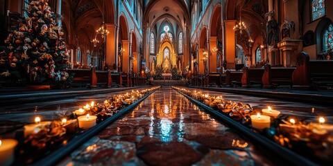 Fototapeta premium Church candles Christmas eve interior. Festive, religious, peaceful
