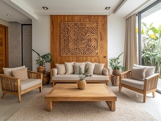 Minimalist, wood-finished interior design of a modern Scandinavian living room with a sofa and table. Generative AI
