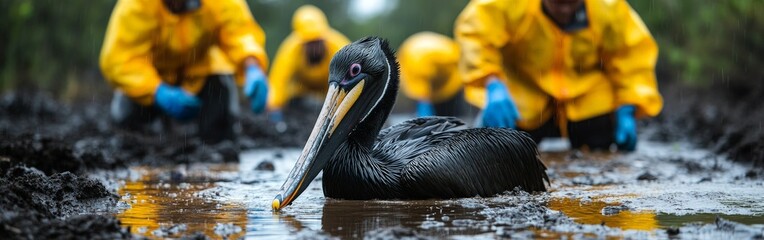 Volunteers rescuing an oil-soaked bird on a polluted beach, highlighting efforts in wildlife conservation and environmental crisis management.
