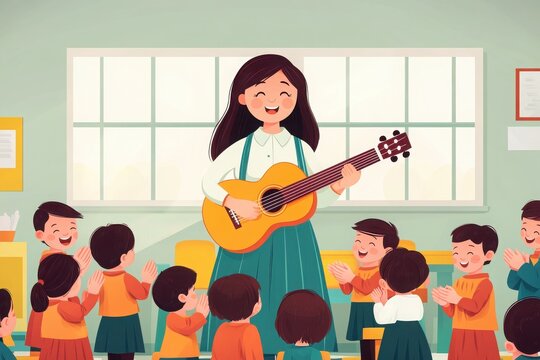 A joyful music lesson with a teacher playing guitar and children singing along in a bright classroom.