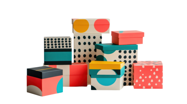A vibrant collection of decorative gift boxes stacked together, featuring playful patterns, perfect for celebrations or creative packaging ideas.