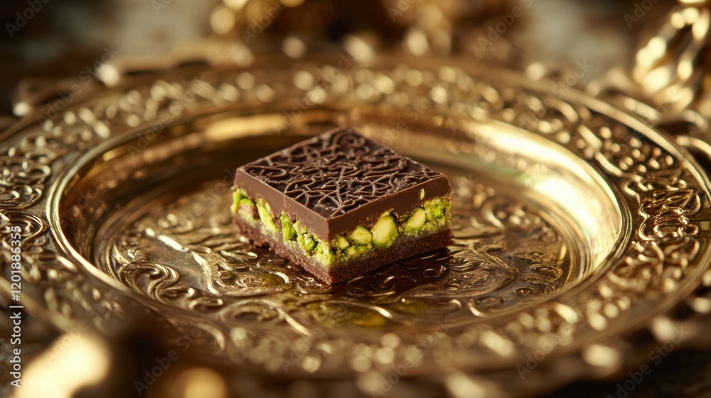 Poster delightful chocolate square filled with pistachio served on ornate golden plate with delicate arabic