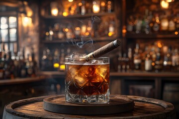 Obraz premium Luxurious Whiskey and Cigar Experience in Atmospheric Bar Setting