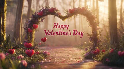 Heart-shaped arch adorned with flowers and hearts for a romantic Valentine’s Day celebration in a serene forest. Generative AI