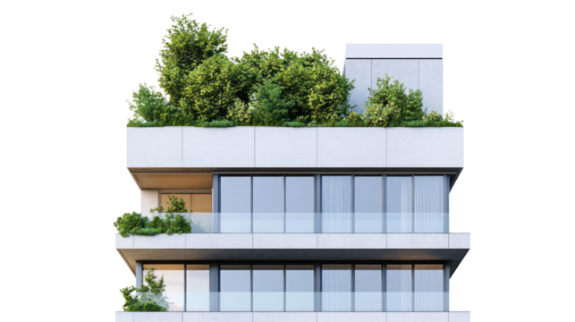 Modern architectural design featuring a green rooftop garden, showcasing innovation in eco-friendly urban living and sustainable architecture.