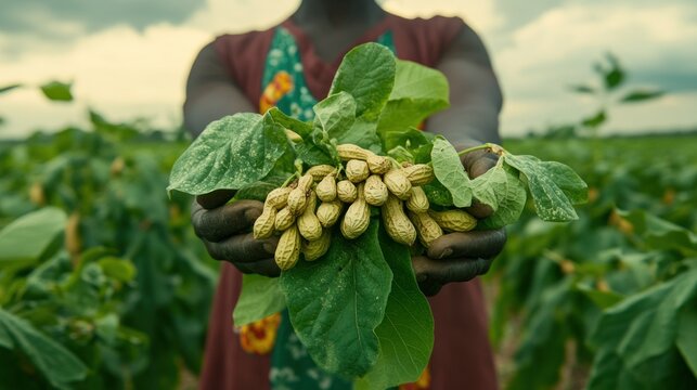 Farmer's hands holding fresh peanuts in a field.