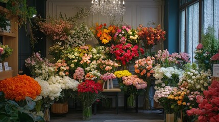 A colorful display of fresh flowers in a florist's shop