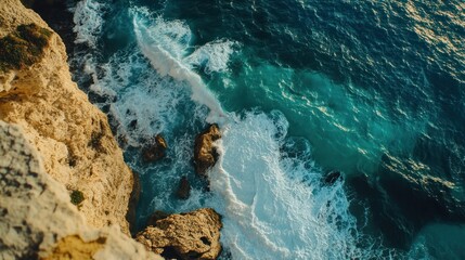 Obraz premium A breathtaking aerial view of waves crashing against the rocky coastline at sunset