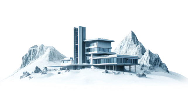 Modern architectural masterpiece nestled among snow-capped mountains, showcasing sleek lines and stunning design in a serene winter landscape.