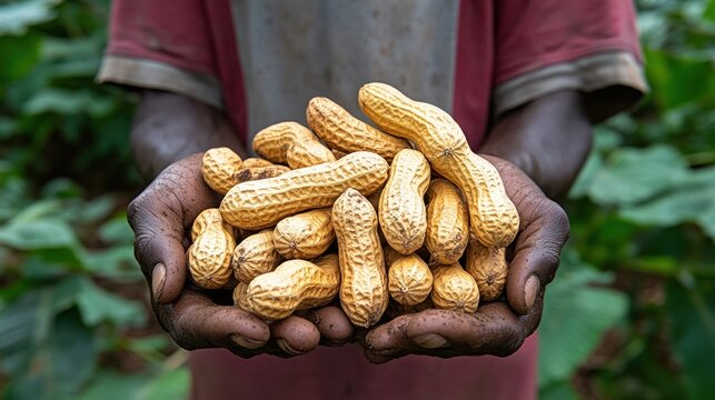 Farmer's hands holding freshly harvested peanuts in a field. (1)