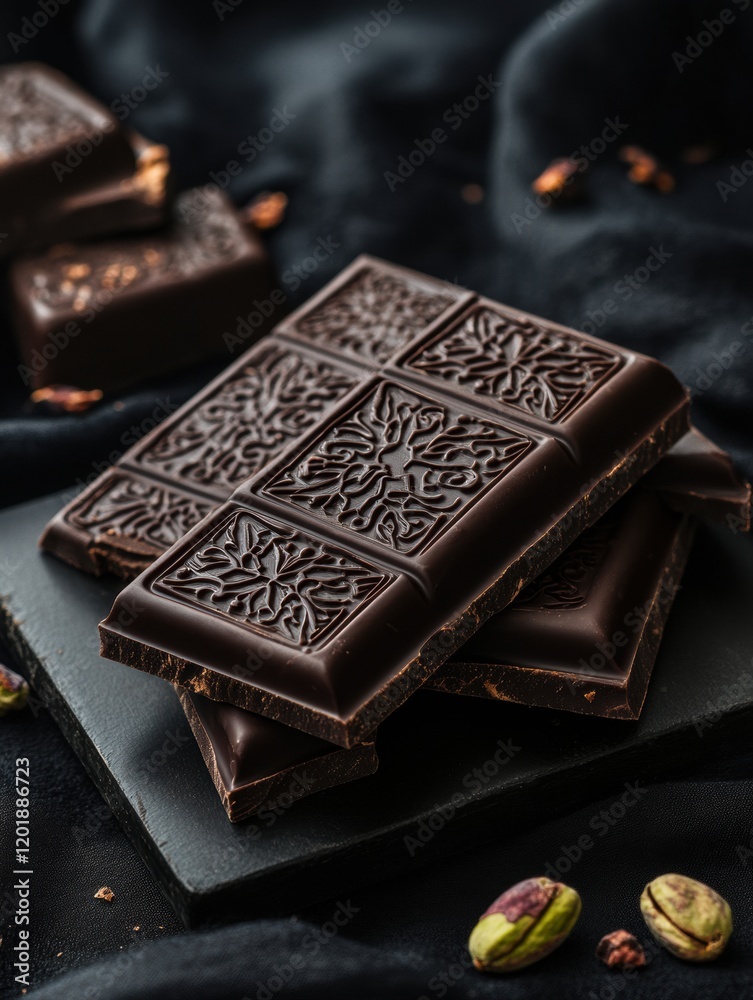 Poster exquisite cut chocolate with pistachio filling served on a golden plate adorned with intricate arabi