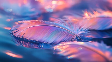 Radiant feathers floating in the air glistening with a soft iridescent shine