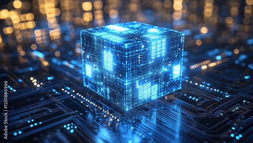 Poster intricate 3d blue cube in data matrix on futuristic digital background, representing technology, inn
