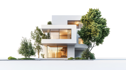 A modern architectural design featuring large windows, clean lines, and lush greenery, showcasing a harmonious blend of nature and contemporary living.